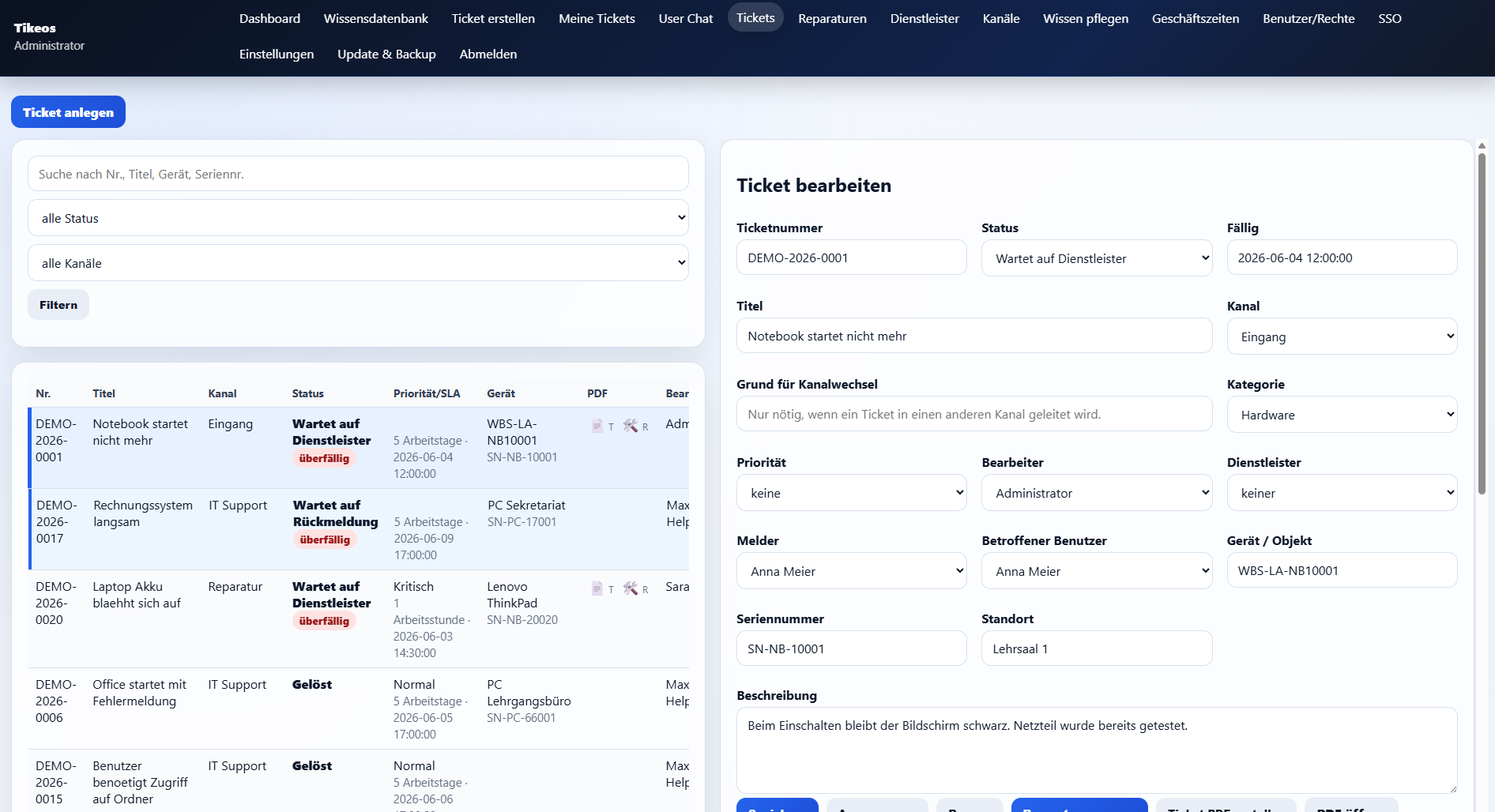 Screenshot zu Ticketsystem